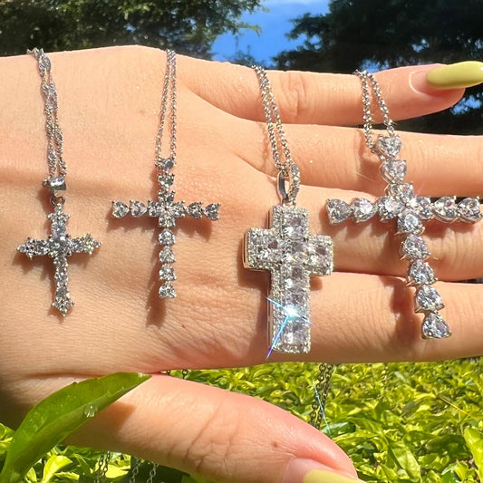 CROSS S925 Sterling Silver Zirconia Super Sparkling Necklace Hippop Necklace