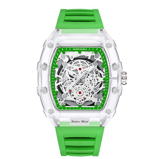 Stylish Skeleton Sport Watches, Waterproof, Analog Quartz Date Calendar Wristwatch, Transparent Tonneau Case Casual Watch, Silicone Strap for Men Unisex