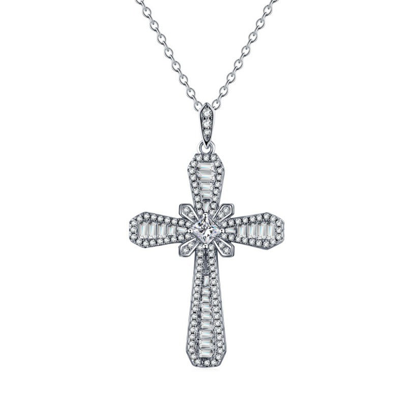 CROSS S925 Sterling Silver Zirconia Super Sparkling Necklace Hippop Necklace