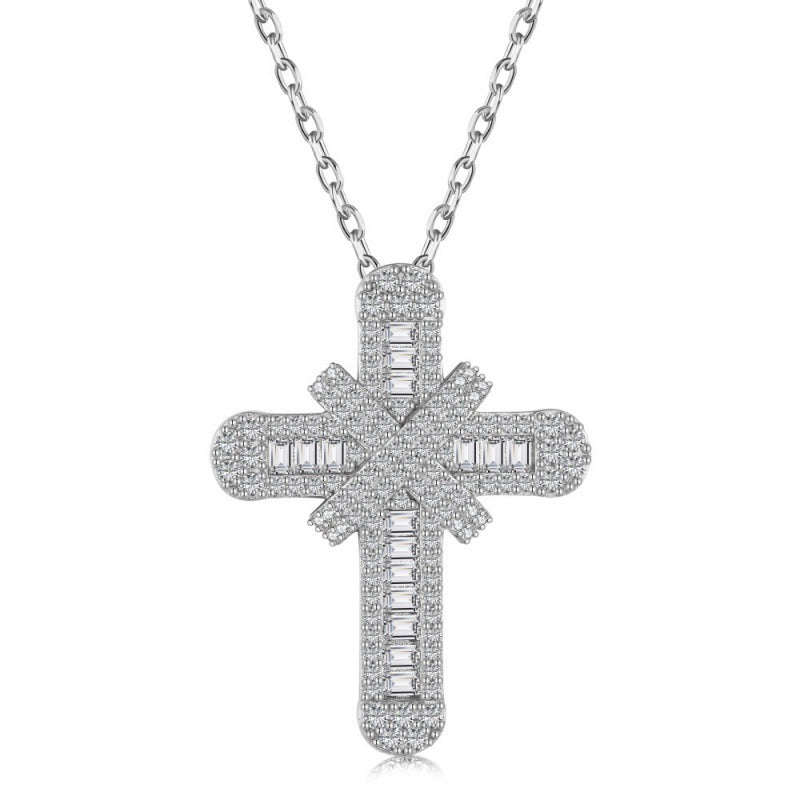 CROSS S925 Sterling Silver Zirconia Super Sparkling Necklace Hippop Necklace