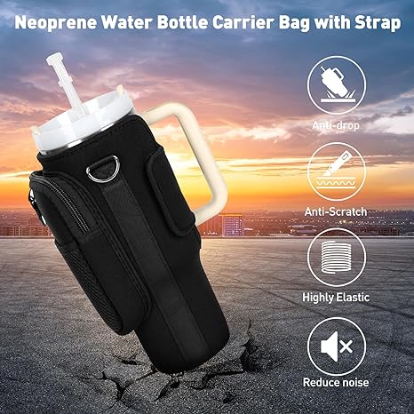 Water Bottle Carrier Bag with Phone Pocket for Stanley 40oz Tumbler with Handle Neoprene Water Bottle Holder Pouch with Adjustable Strap